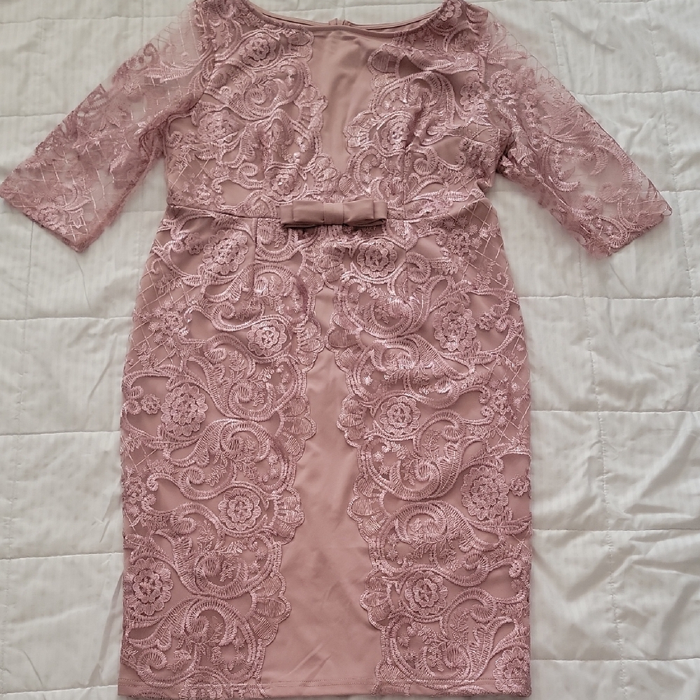 Women's Blush Pink Lace Sheath Dress with Bow